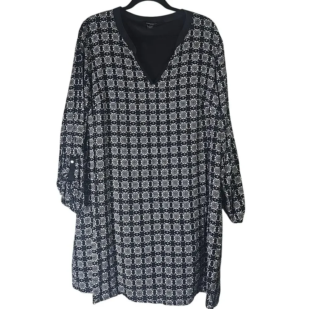 Concepts Shift Dress Womens 4X Plus Black White Geometric Print 3/4 Sleeve Boho - Picture 2 of 7